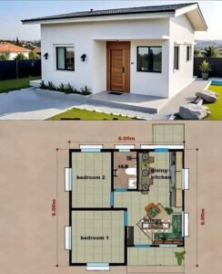 Mẫu thiết kế nhà lắp ghép màu trắng mái chữ A có toilet diện tích 36m2