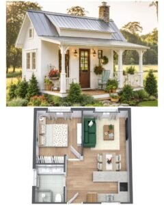 Mẫu thiết kế nhà lắp ghép màu trắng mái chữ A có toilet diện tích 40m2