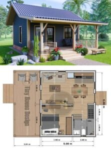 Mẫu thiết kế nhà lắp ghép màu xanh than mái thái có toilet diện tích 48m2