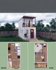 Mẫu thiết kế nhà lắp ghép 2 tầng màu trắng xám có toilet diện tích 36m2