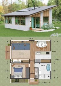 Mẫu thiết kế nhà lắp ghép màu trắng mái lệch có toilet diện tích 52m2