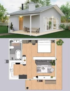 Mẫu thiết kế nhà lắp ghép màu xám nhạt mái dốc đôi có toilet diện tích 48m2