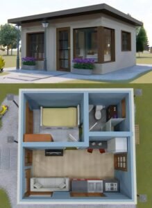 Mẫu thiết kế nhà lắp ghép màu xám mái bằng có toilet diện tích 25m2