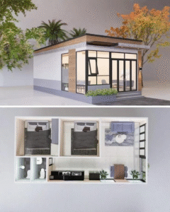 Mẫu thiết kế nhà lắp ghép màu xám mái bằng có toilet diện tích 36m2